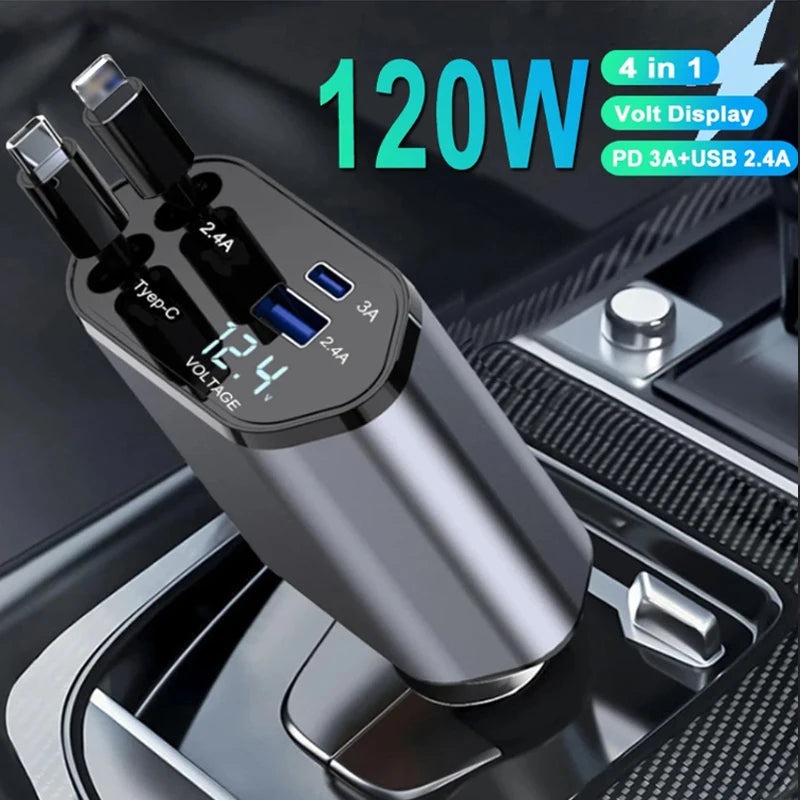 Medzone®120W Car Charger Adapter with Retractable Cables