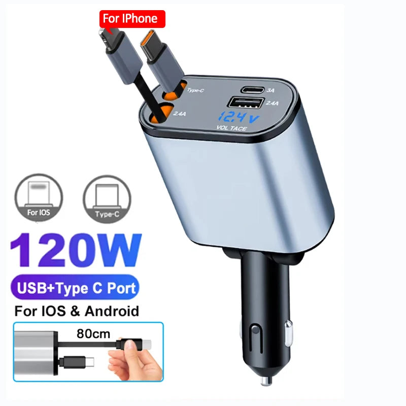 Medzone®120W Car Charger Adapter with Retractable Cables