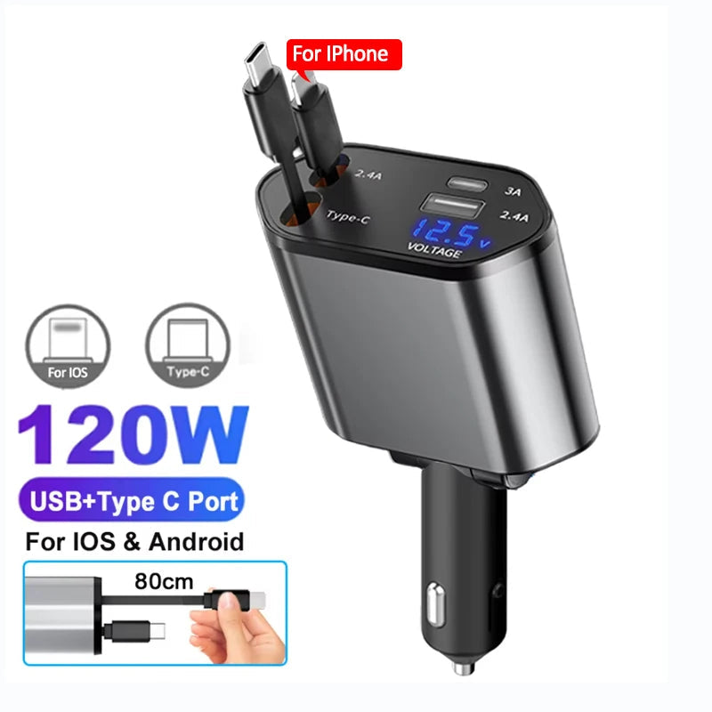 Medzone®120W Car Charger Adapter with Retractable Cables